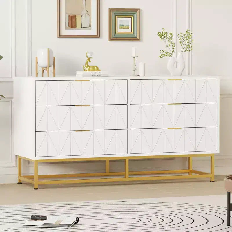 Commode étroite et moderne à 6 tiroirs en tissu avec poignée dorée pour chambre, dressing et salon