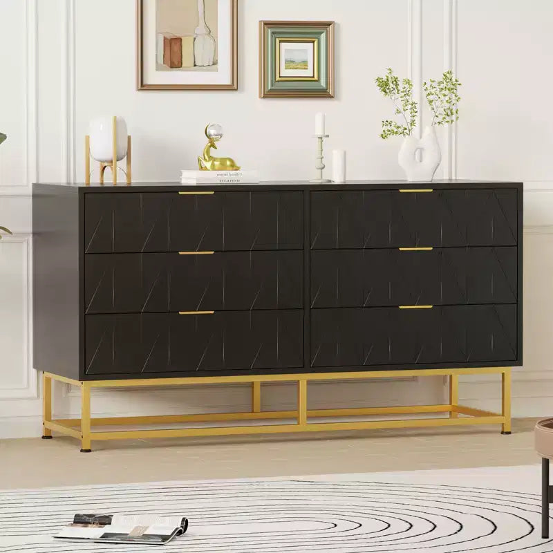 Commode étroite et moderne à 6 tiroirs en tissu avec poignée dorée pour chambre, dressing et salon