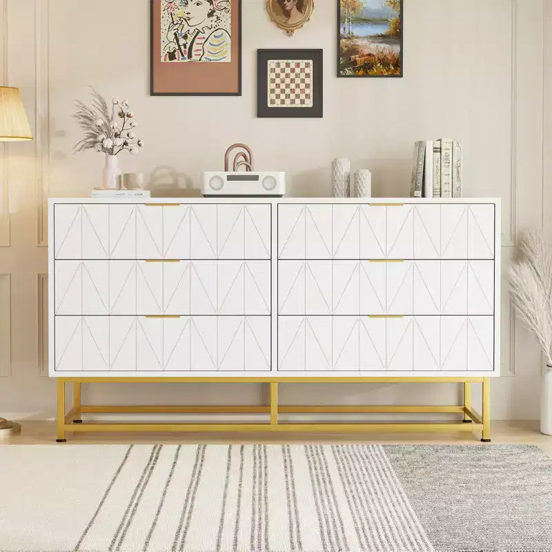 Commode étroite et moderne à 6 tiroirs en tissu avec poignée dorée pour chambre, dressing et salon