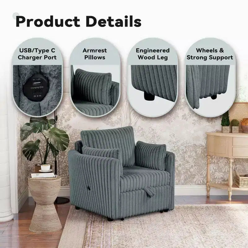 Fauteuil convertible CLIHOME avec USB et 2 oreillers, Canapé-lit une place, Canapé-lit gigogne