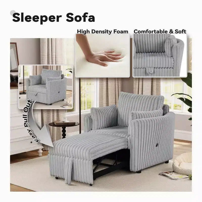 Fauteuil convertible CLIHOME avec USB et 2 oreillers, Canapé-lit une place, Canapé-lit gigogne