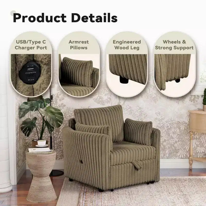 Fauteuil convertible CLIHOME avec USB et 2 oreillers, Canapé-lit une place, Canapé-lit gigogne