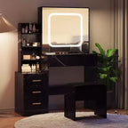 Acekool Vanity Set with Storage Drawers, Sliding Mirror, Charging Station, Adjustable Lighting, Stool, Marble Black