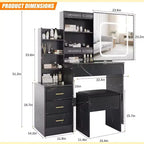 Coiffeuse Acekool avec tiroirs de rangement, miroir coulissant, station de charge, éclairage réglable, tabouret, marbre noir