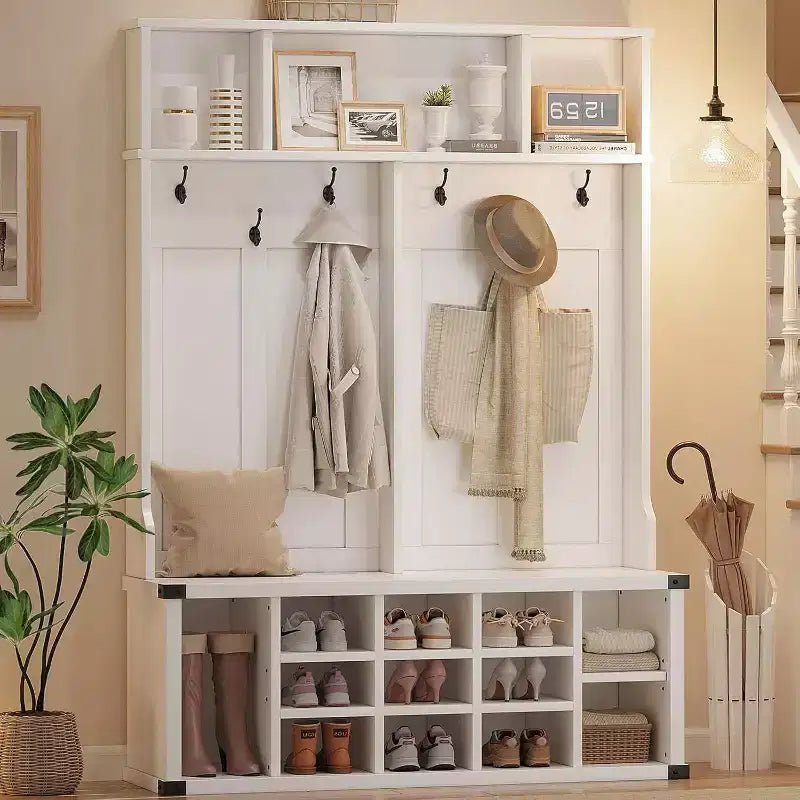 Acekool 76 Hall Tree with Bench, Shoe Storage, Coat Rack, 6 Hooks & Adjustable Shelf, Farmhouse Entryway Organizer, White