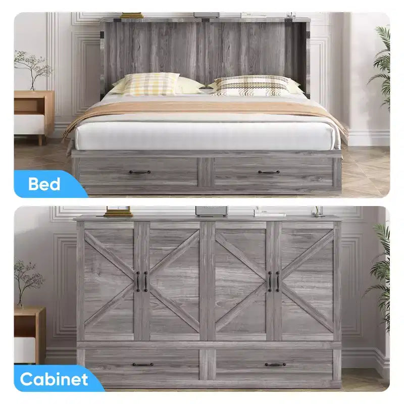 Lit escamotable moderne Queen Size Mjkone avec ports USB, tiroirs et matelas de 12 cm