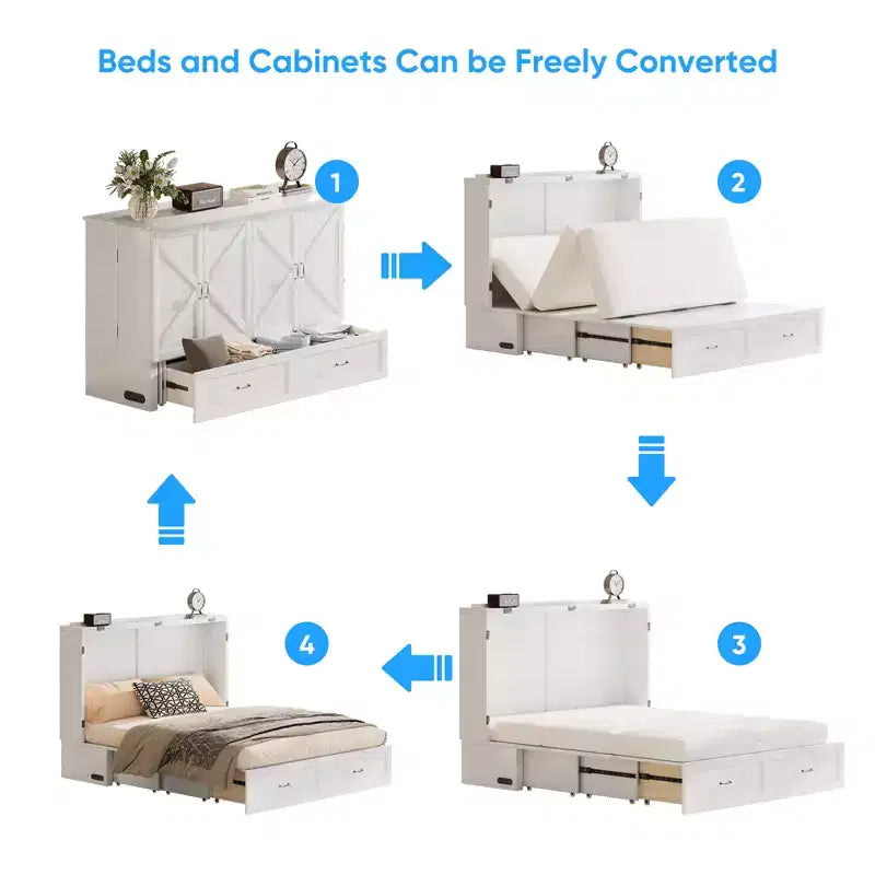 Lit escamotable moderne Queen Size Mjkone avec ports USB, tiroirs et matelas de 12 cm