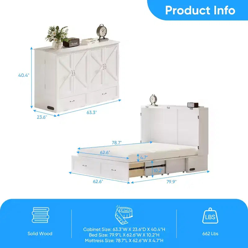 Lit escamotable moderne Queen Size Mjkone avec ports USB, tiroirs et matelas de 12 cm