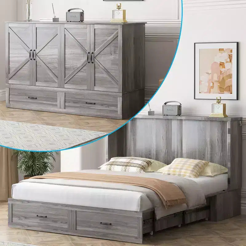Lit escamotable moderne Queen Size Mjkone avec ports USB, tiroirs et matelas de 12 cm