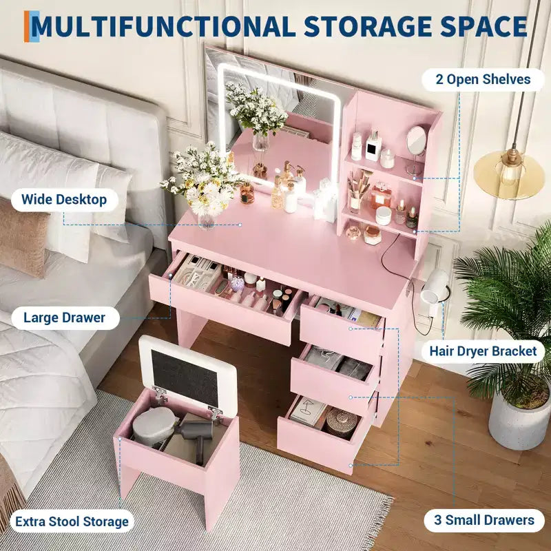 Coiffeuse avec miroir et éclairage LED, Table de maquillage moderne, avec 4 tiroirs, 3 modes d'éclairage réglables, pour chambre à coucher