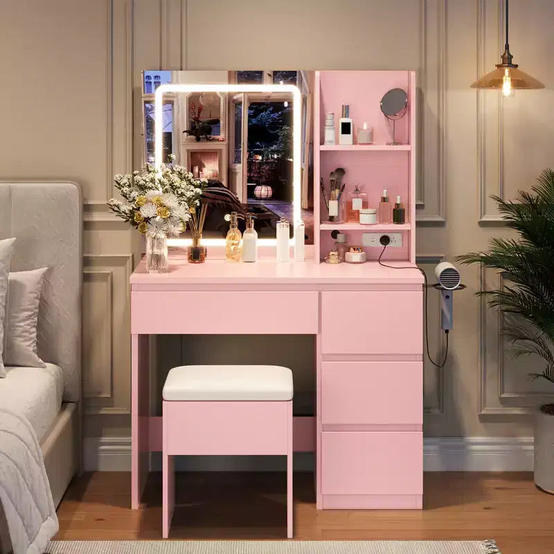 Coiffeuse avec miroir et éclairage LED, Table de maquillage moderne, avec 4 tiroirs, 3 modes d'éclairage réglables, pour chambre à coucher