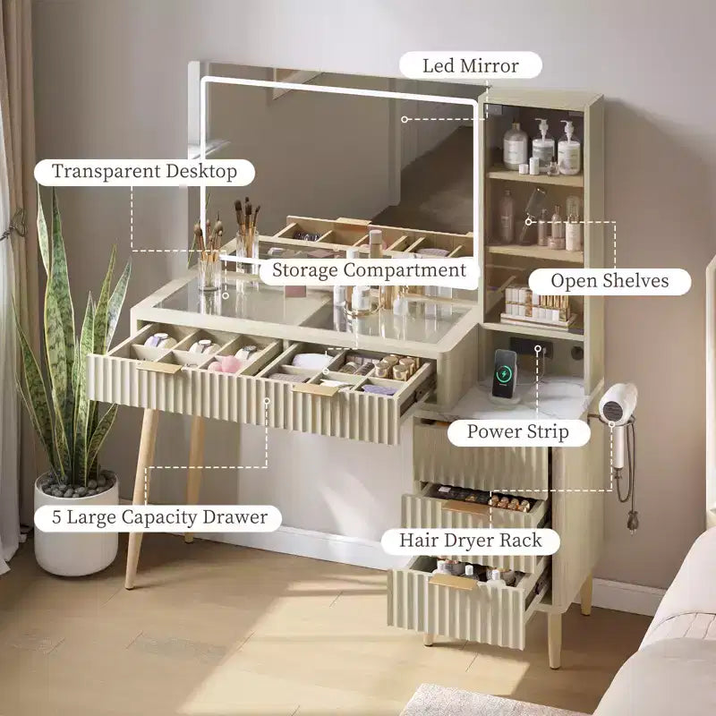 Coiffeuse avec lumières, coiffeuse en bois cannelé, coiffeuse moderne en verre, 5 tiroirs et 3 rangements, pour chambre à coucher