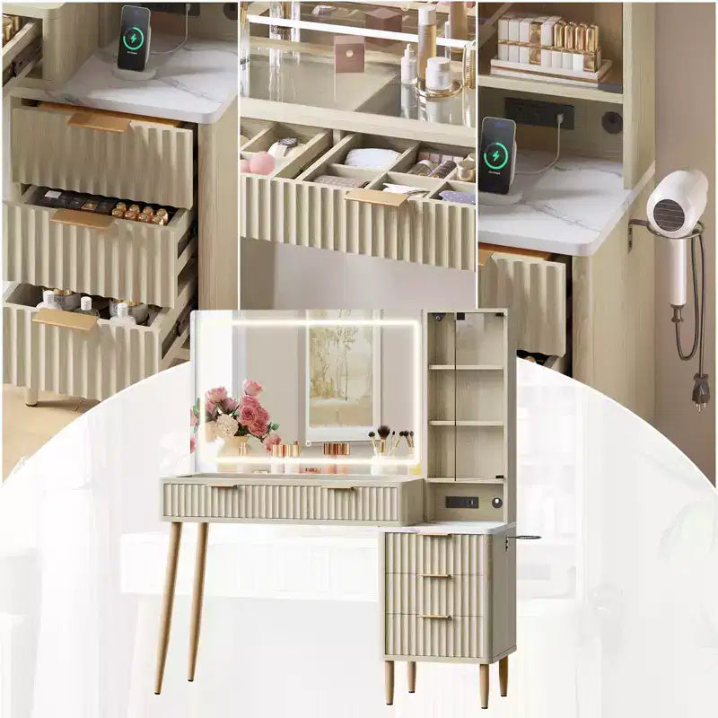 Coiffeuse avec lumières, coiffeuse en bois cannelé, coiffeuse moderne en verre, 5 tiroirs et 3 rangements, pour chambre à coucher