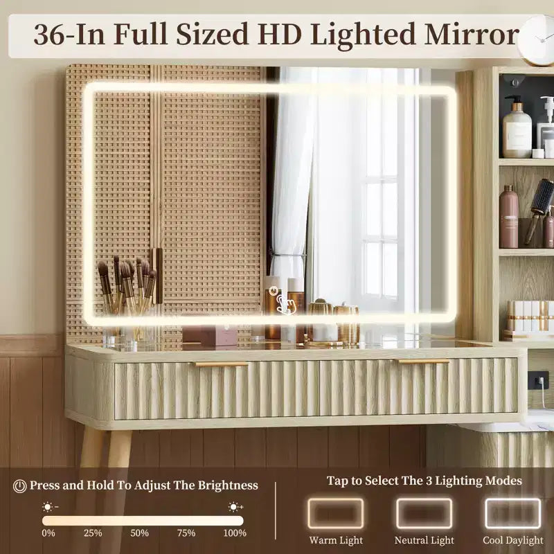 Coiffeuse avec lumières, coiffeuse en bois cannelé, coiffeuse moderne en verre, 5 tiroirs et 3 rangements, pour chambre à coucher