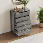 Commode à 5 tiroirs pour chambre à coucher, commode en bois de 81 cm de large avec poignées en métal, organisateur de rangement à cannelures, table de chevet étroite