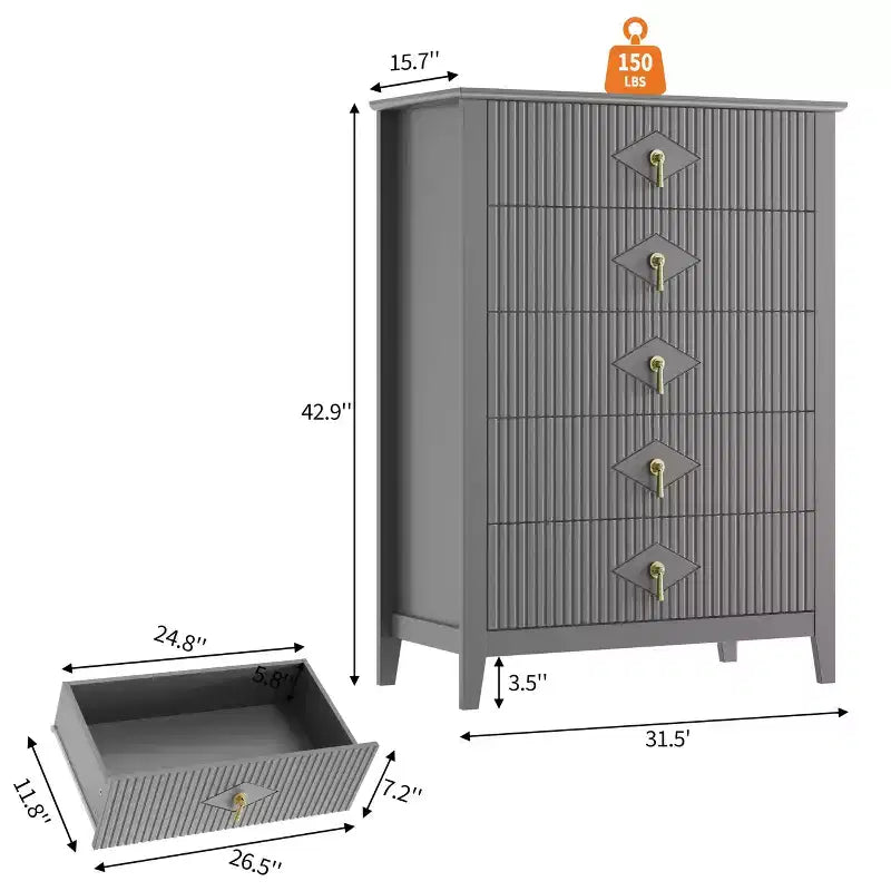 Commode à 5 tiroirs pour chambre à coucher, commode en bois de 81 cm de large avec poignées en métal, organisateur de rangement à cannelures, table de chevet étroite