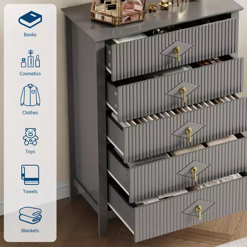 Commode à 5 tiroirs pour chambre à coucher, commode en bois de 81 cm de large avec poignées en métal, organisateur de rangement à cannelures, table de chevet étroite