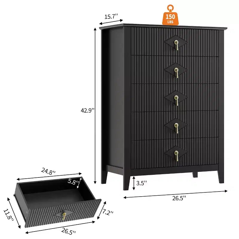 Commode à 5 tiroirs pour chambre à coucher, commode en bois de 81 cm de large avec poignées en métal, organisateur de rangement à cannelures, table de chevet étroite