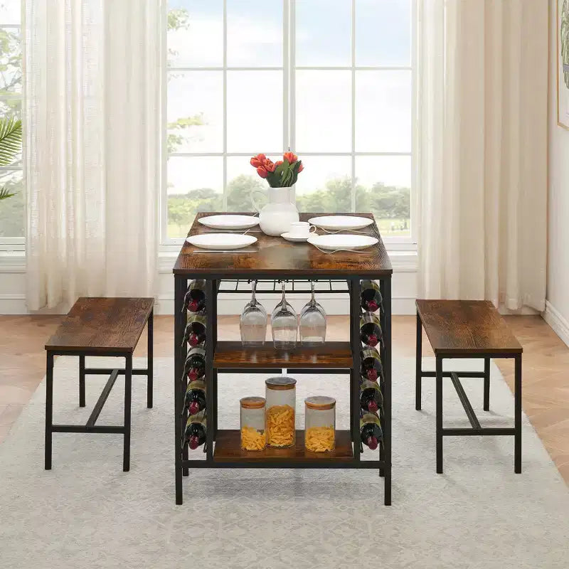 Ensemble table de salle à manger TRINITY pour 4 personnes, ensemble table de cuisine pour 4 personnes avec 2 bancs, ensemble table de salle à manger rectangulaire avec porte-bouteilles et étagères de rangement