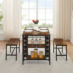 Ensemble table de salle à manger TRINITY pour 4 personnes, ensemble table de cuisine pour 4 personnes avec 2 bancs, ensemble table de salle à manger rectangulaire avec porte-bouteilles et étagères de rangement