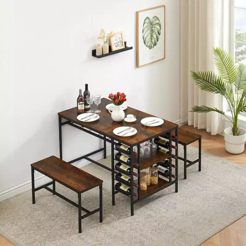 Ensemble table de salle à manger TRINITY pour 4 personnes, ensemble table de cuisine pour 4 personnes avec 2 bancs, ensemble table de salle à manger rectangulaire avec porte-bouteilles et étagères de rangement