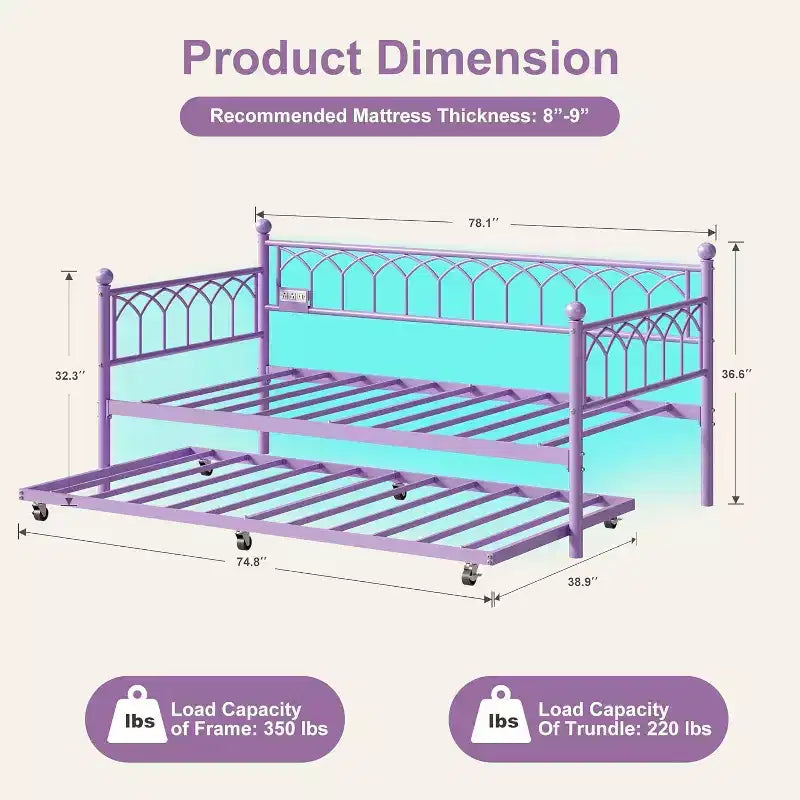 Cadre de lit de repos Acekool double avec lit gigogne, lit-canapé plateforme en métal avec station de recharge, lit d'appoint peu encombrant pour chambre, salon