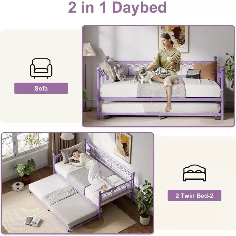 Cadre de lit de repos Acekool double avec lit gigogne, lit-canapé plateforme en métal avec station de recharge, lit d'appoint peu encombrant pour chambre, salon