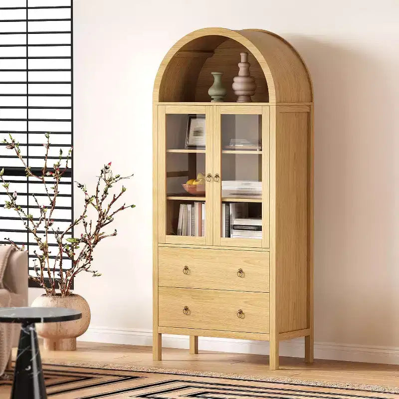 Acekool Meuble de rangement voûté, 71 po Style ferme avec portes vitrées et 2 tiroirs, étagères réglables pour cuisine, salle à manger, salle de bain