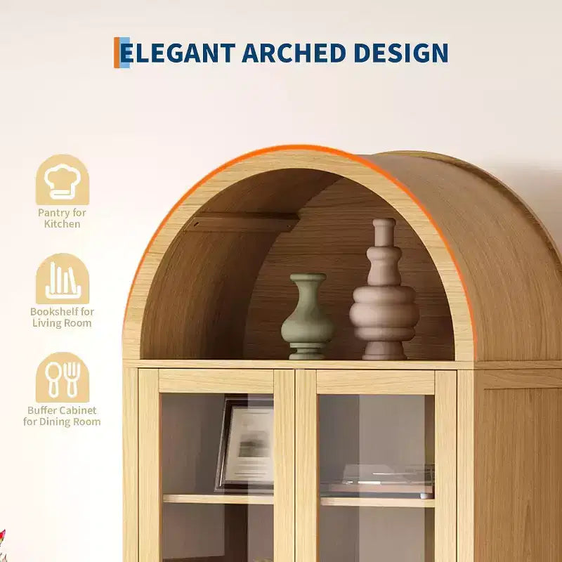 Acekool Meuble de rangement voûté, 71 po Style ferme avec portes vitrées et 2 tiroirs, étagères réglables pour cuisine, salle à manger, salle de bain