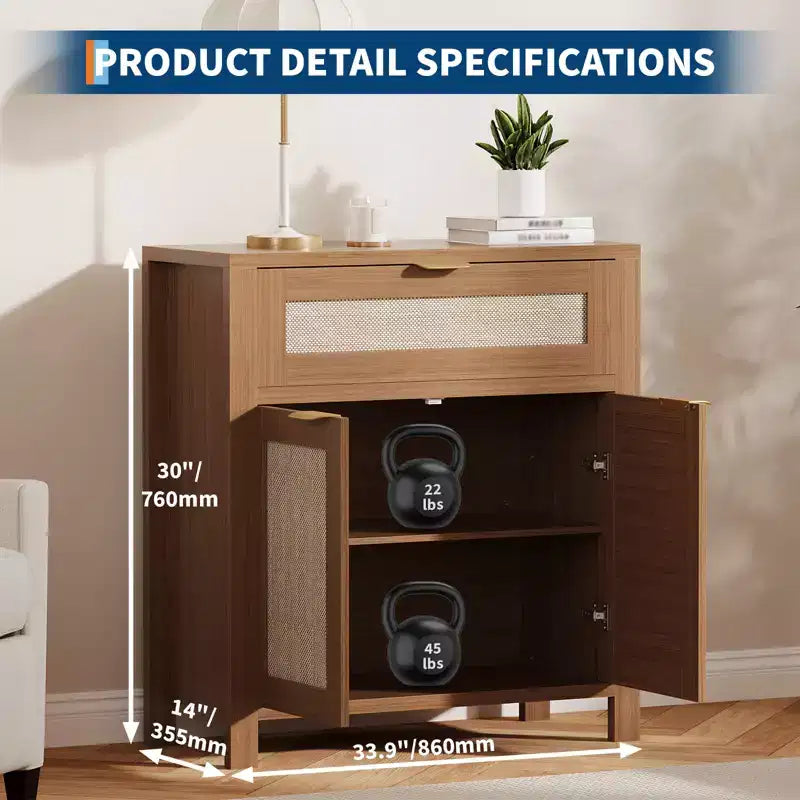 Bahut de rangement avec portes et tiroir, meuble de rangement en rotin avec étagères réglables, table console de bar pour salon ou cuisine