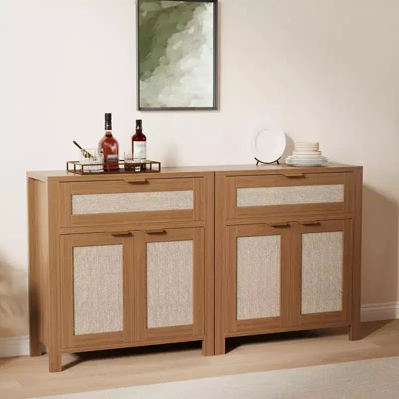 Bahut de rangement avec portes et tiroir, meuble de rangement en rotin avec étagères réglables, table console de bar pour salon ou cuisine