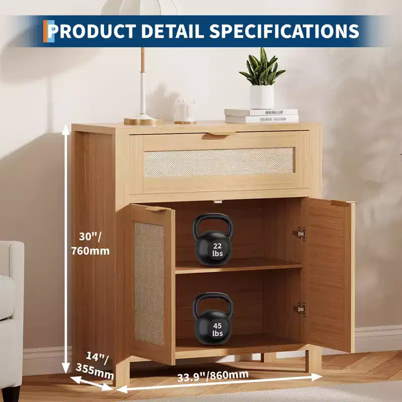 Bahut de rangement avec portes et tiroir, meuble de rangement en rotin avec étagères réglables, table console de bar pour salon ou cuisine