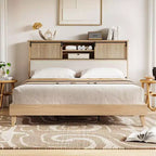 Coolmee Full/Queen Rattan Bed Frame with Shelves, Boho Platform Bed with Shelf Headboard Sliding Door, Solid Wood Foundation with Silent Slats
