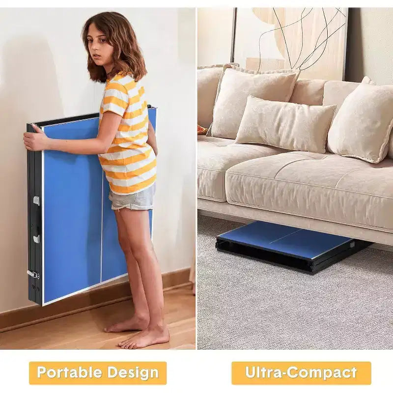 Acekool Set de Tennis de Table Portable avec Filet en Nylon Démontable, 2 Raquettes et 3 Balles, Table de Ping-Pong en Aluminium Étanche, Bleu