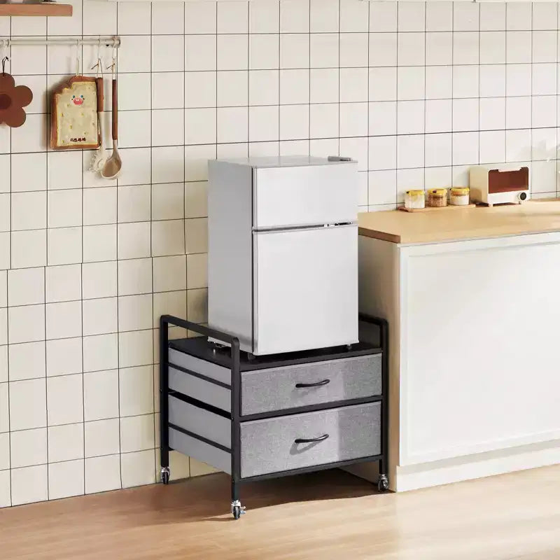 Support pour mini-réfrigérateur VEVOR avec rangement, table pour mini-réfrigérateur de 80 kg avec 2 tiroirs et 4 roulettes pivotantes, étagère mobile pour mini-réfrigérateur, gris
