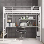 Lit mezzanine métallique Acekool une place avec bureau et étagères de rangement, garde-corps et échelle, lit peu encombrant pour enfants, adolescents, adultes, blanc/noir