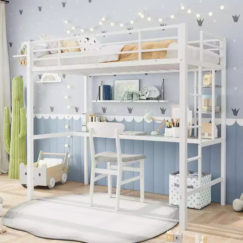 Lit mezzanine métallique Acekool une place avec bureau et étagères de rangement, garde-corps et échelle, lit peu encombrant pour enfants, adolescents, adultes, blanc/noir