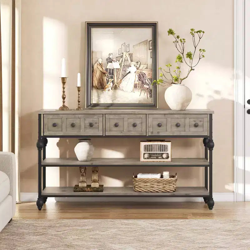 COZONY Table Console Industrielle de 132 cm avec 3 Tiroirs de Rangement et 3 Niveaux, Table de Canapé en Métal pour Salon, Couloir et Entrée, Rangement Derrière le Canapé