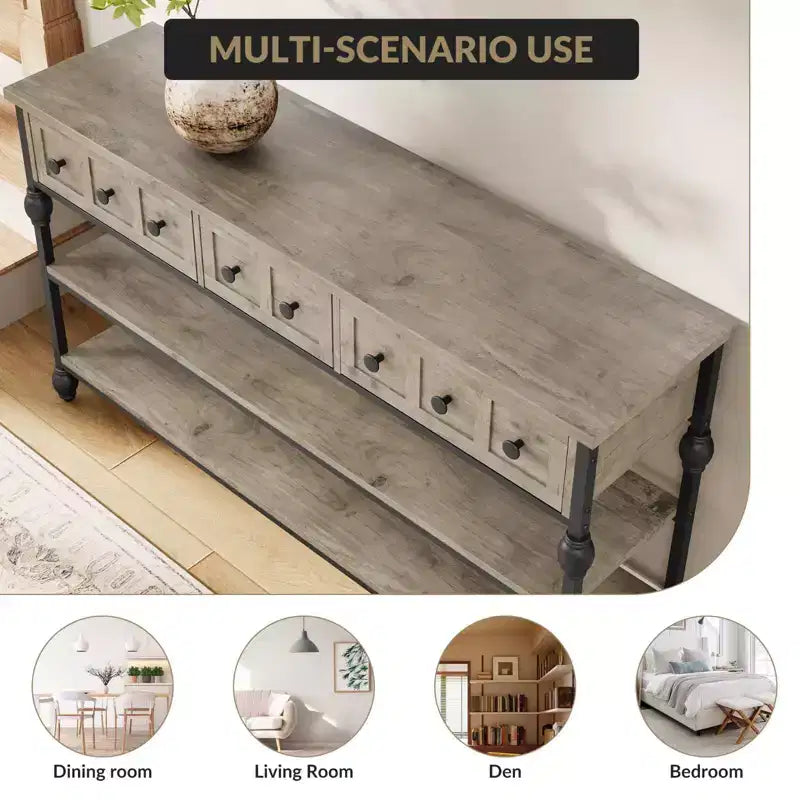 COZONY Table Console Industrielle de 132 cm avec 3 Tiroirs de Rangement et 3 Niveaux, Table de Canapé en Métal pour Salon, Couloir et Entrée, Rangement Derrière le Canapé