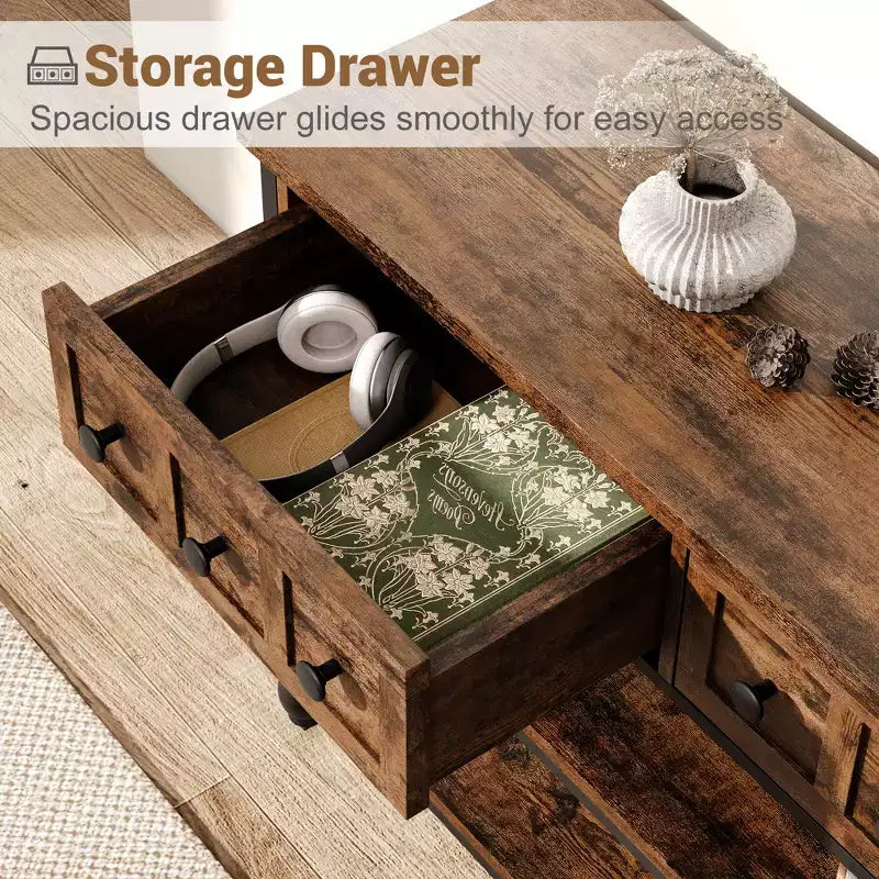 COZONY Table Console Industrielle de 132 cm avec 3 Tiroirs de Rangement et 3 Niveaux, Table de Canapé en Métal pour Salon, Couloir et Entrée, Rangement Derrière le Canapé