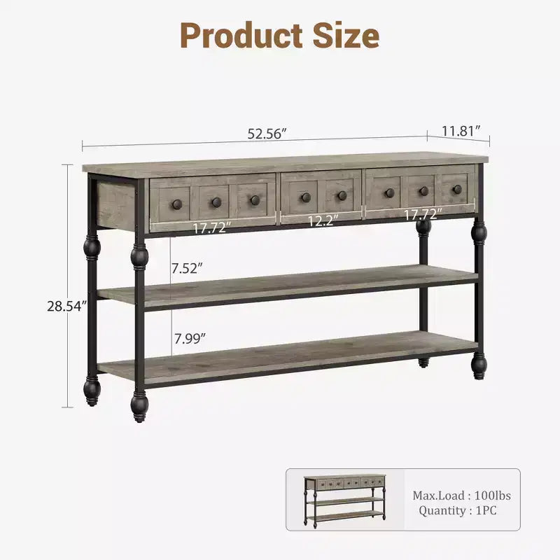 COZONY Table Console Industrielle de 132 cm avec 3 Tiroirs de Rangement et 3 Niveaux, Table de Canapé en Métal pour Salon, Couloir et Entrée, Rangement Derrière le Canapé