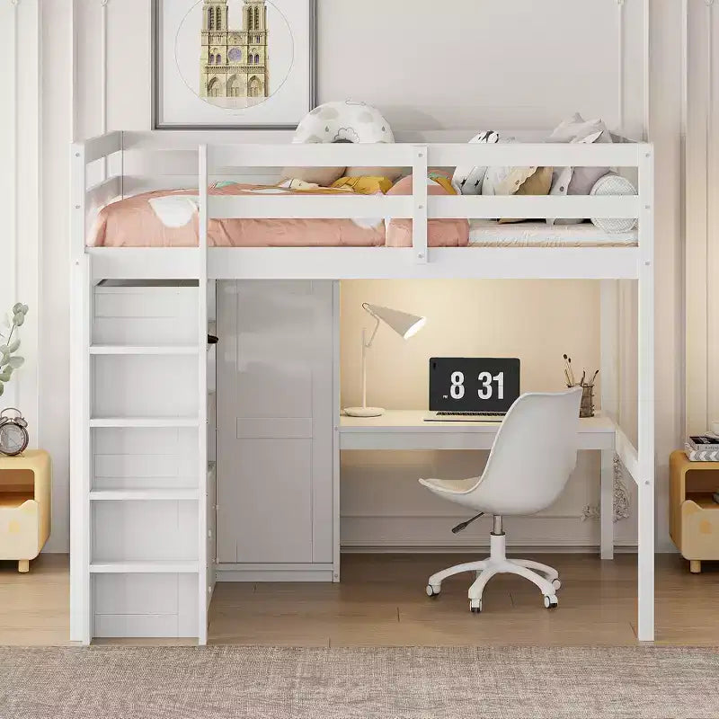 Lit mezzanine pleine grandeur avec armoire et bureau, lit mezzanine haut en bois avec tiroirs de rangement et étagères pour adultes, enfants et adolescents
