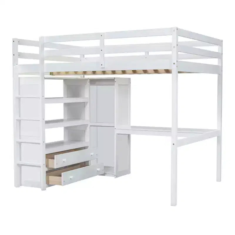 Lit mezzanine pleine grandeur avec armoire et bureau, lit mezzanine haut en bois avec tiroirs de rangement et étagères pour adultes, enfants et adolescents