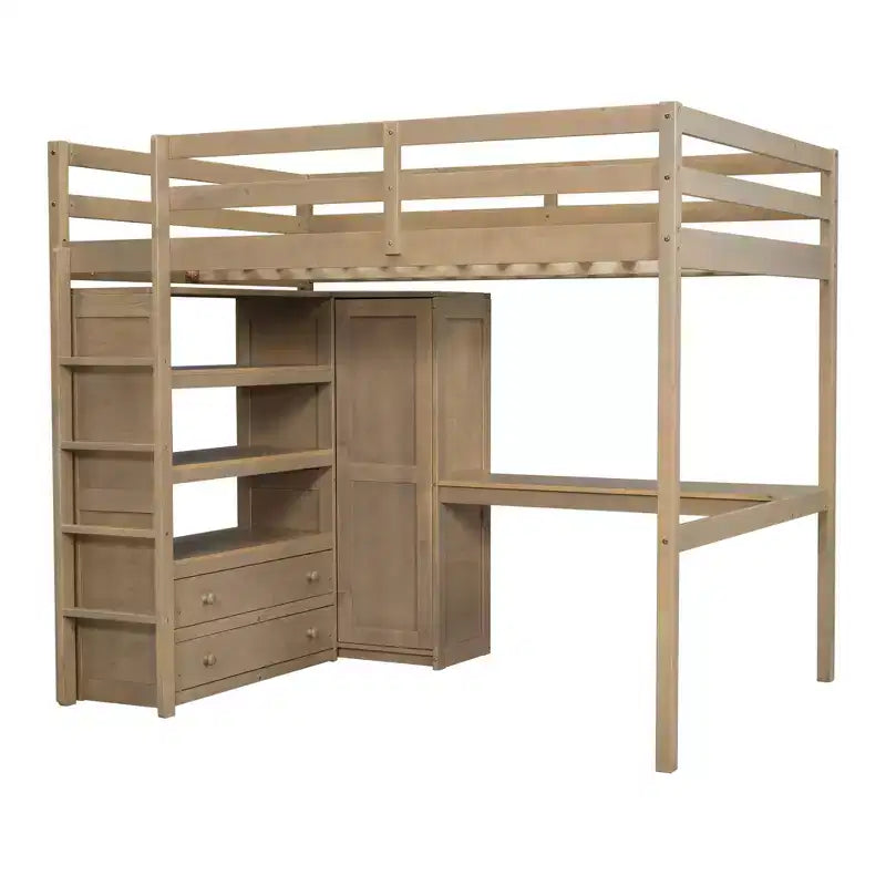 Lit mezzanine pleine grandeur avec armoire et bureau, lit mezzanine haut en bois avec tiroirs de rangement et étagères pour adultes, enfants et adolescents