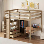 Full Size Loft Bed with Wardrobe and Desk, Wood Full High Loft Bed with Storage Drawers and Shelves for Adults Kids Teens