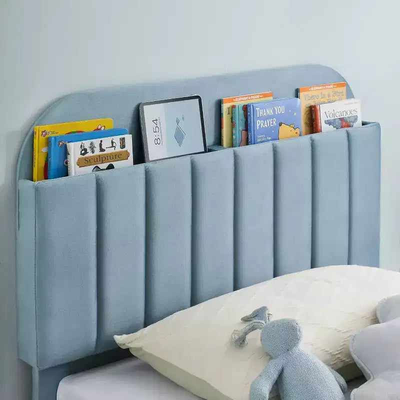 Cadre de lit avec tête de lit bibliothèque de rangement, cadre de lit plateforme rembourré sans bruit, assemblage facile, pas besoin de sommier tapissier