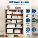 Commode à 5 tiroirs pour chambre à coucher, commode en bois de 114 cm de haut avec poignées en métal, table de chevet étroite, organiseur de rangement de vêtements cannelé