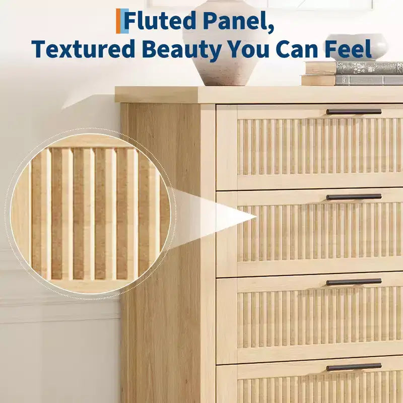 Commode à 5 tiroirs pour chambre à coucher, commode en bois de 114 cm de haut avec poignées en métal, table de chevet étroite, organiseur de rangement de vêtements cannelé