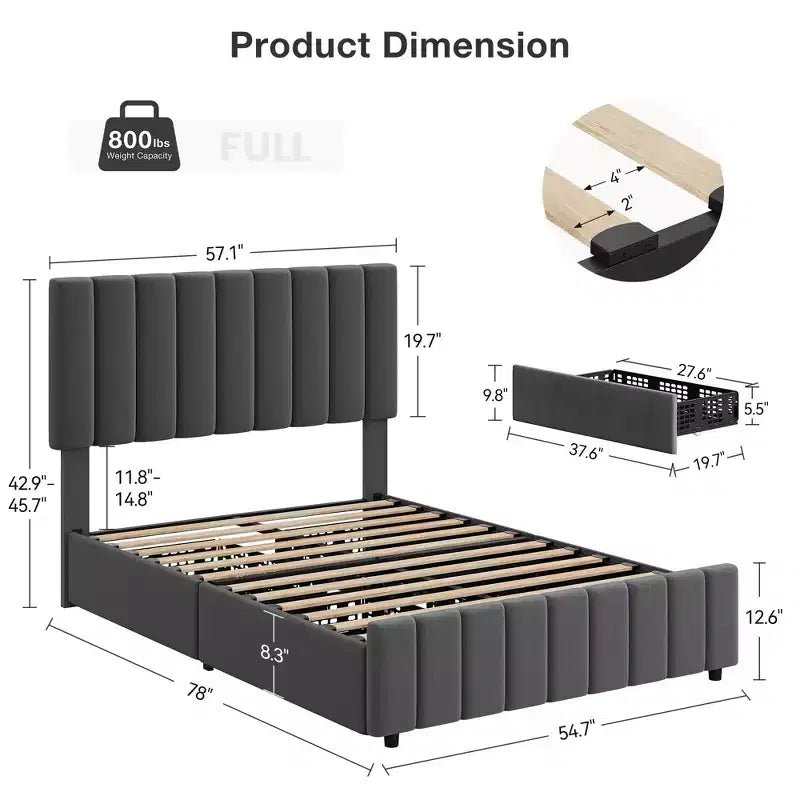 Cadre de lit, lit plateforme - taille double avec 4 tiroirs de rangement, tête de lit réglable en hauteur, rembourré en lin, aucun sommier tapissier requis (Gris)