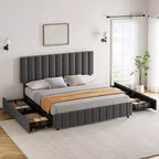 Cadre de lit, lit plateforme - taille double avec 4 tiroirs de rangement, tête de lit réglable en hauteur, rembourré en lin, aucun sommier tapissier requis (Gris)